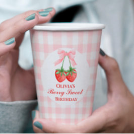 Bessenvriendelijke verjaardag Roze Strik Gingham Papieren Bekers