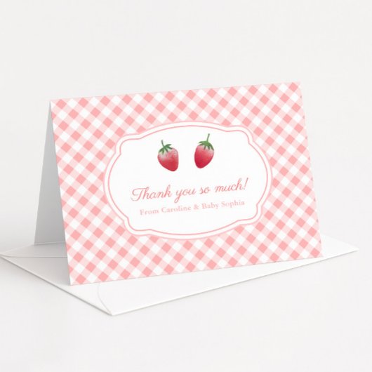 Bessenvruchte Aardbeien en Roze Witte Gingham Bedankkaart