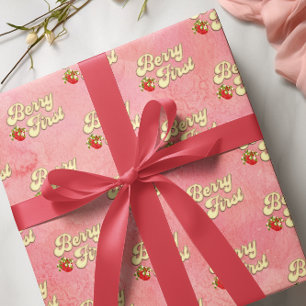 Bessie 1e Verjaardag Roze Witte Aardbei Goud Cadeaupapier