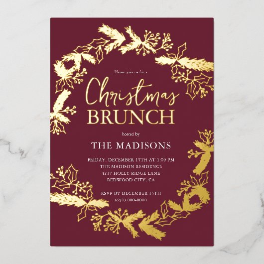 Bessie Botanische Kerst Brunch Rood Folie Uitnodiging (Voorkant)