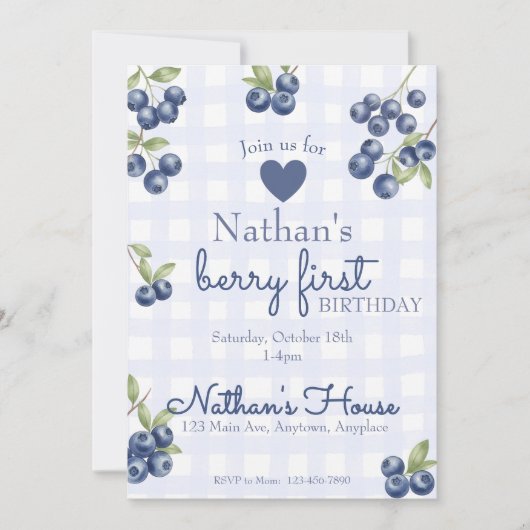 Bessie Eerste 1e Verjaardag Blauwebes Gingham Kaart (Voorkant)