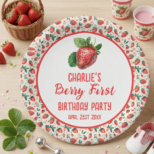Bessie Eerste Aardbei Meisje 1e Verjaardagsfeestje Papieren Bordje