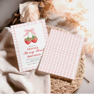 Bessie Eerste Aardbei Roze Strik 1e verjaardag Kaart
