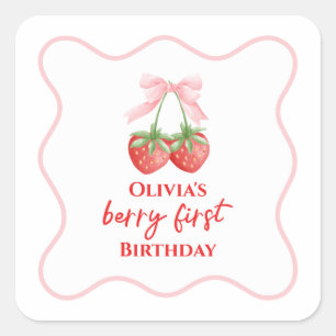 Bessie eerste aardbei verjaardag Roze Strik Vierkante Sticker