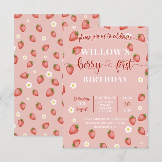 Bessie eerste aardbeien thema verjaardagsuitnodigi kaart (Voorkant / Achterkant)