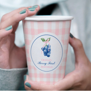 Bessie Eerste bosbes verjaardag Roze Strik Gingham Papieren Bekers