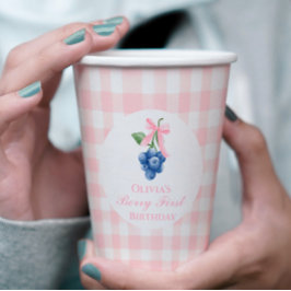 Bessie Eerste Bosbes verjaardag Roze Strik Gingham Papieren Bekers