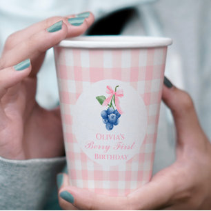 Bessie Eerste Bosbes verjaardag Roze Strik Gingham Papieren Bekers