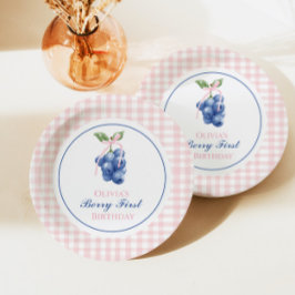 Bessie Eerste bosbes verjaardag Roze Strik Gingham Papieren Bordje