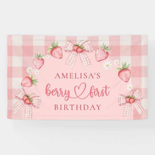 Bessie Eerste Mooie 1e Verjaardag Aardbei Spandoek (Horizontaal)