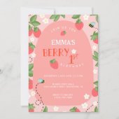 Bessie Eerste Roze Aardbei Bijen Verjaardagsfeestj Kaart (Voorkant)