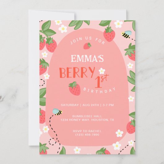 Bessie Eerste Roze Aardbei Bijen Verjaardagsfeestj Kaart (Voorkant)