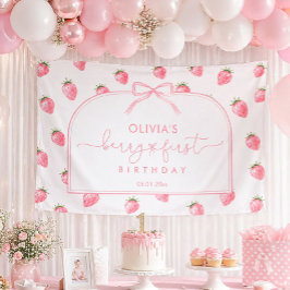 Bessie Eerste Verjaardag Aardbei Achtergrond Roze  Spandoek