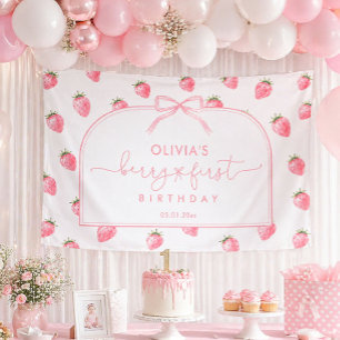 Bessie Eerste Verjaardag Aardbei Achtergrond Roze  Spandoek