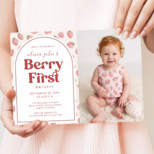 Bessie eerste verjaardag Aardbei Baby Meisje Foto Kaart