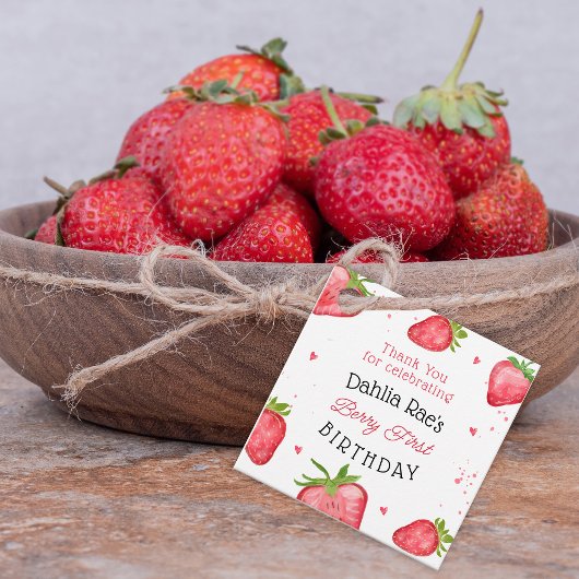 Bessie eerste verjaardag aardbei bedankjes labels