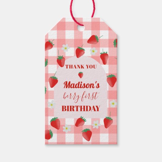 Bessie eerste verjaardag Aardbei Eerste 1e Verwelk Cadeaulabel (Voorkant)