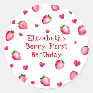 Bessie Eerste Verjaardag Aardbei Feest Harten Ronde Sticker