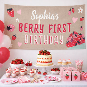 Bessie Eerste Verjaardag Aardbei Kraft Papier Slin Spandoek