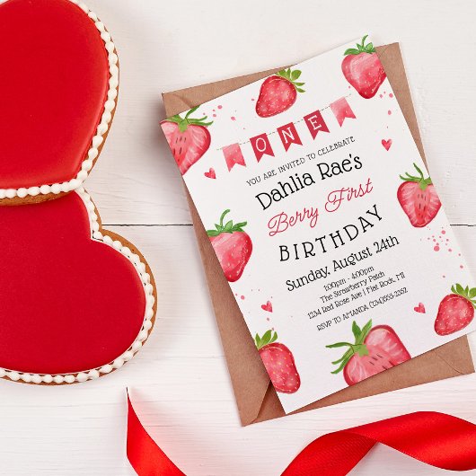 Bessie Eerste Verjaardag Aardbei Uitnodiging