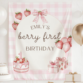 Bessie Eerste Verjaardag Banner Roze Aardbei Wandkleed