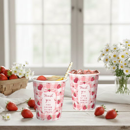 Bessie Eerste Verjaardag Rode Gingham Aardbei Stri Papieren Bekers