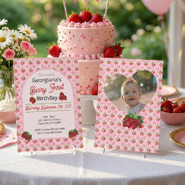 Bessie Eerste Verjaardag Roze Gingham Aardbei Foto Kaart