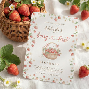 Bessie Eerste Verjaardag Waterverf Aardbei Meisje Kaart