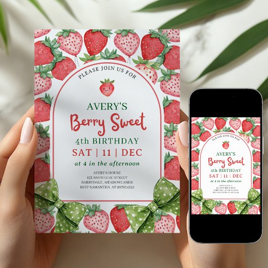 Bessie Sweet 4e Verjaardag Aardbei Uitnodiging