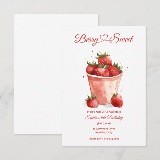 Bessie Sweet Aardbei Feest Uitnodiging (Voorkant / Achterkant)