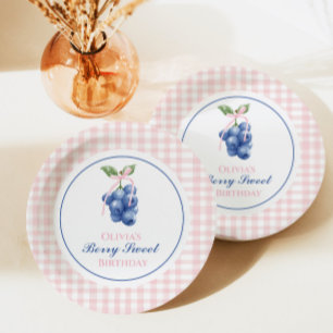 Bessie Sweet bosbes verjaardag Roze Strik Gingham Papieren Bordje