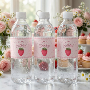 Bessie Zoete Aardbei Verjaardag Roze Waterfles Etiket