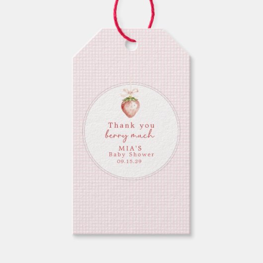 Bessie Zoete Baby Aardbei Coquette Gingham Cadeaulabel (Voorkant)
