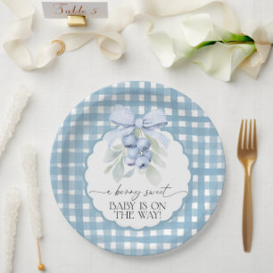 Bessie Zoete Bosbes Gingham Baby Shower Papieren Bordje