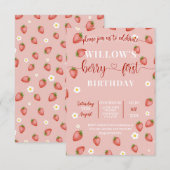 Bessy Eerste Aardbeien Thema Verjaardagsuitnodigin Kaart (Voorkant / Achterkant)