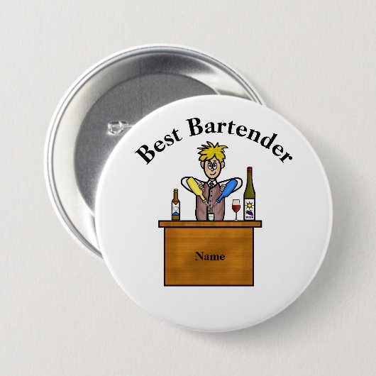 Best Bartender Button - Cartoon Male Bartender (Voorkant /achterkant)