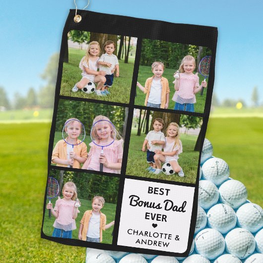 Best BONUS DAD Ever Golfer Custom 5 Photo Collage Golfhanddoek