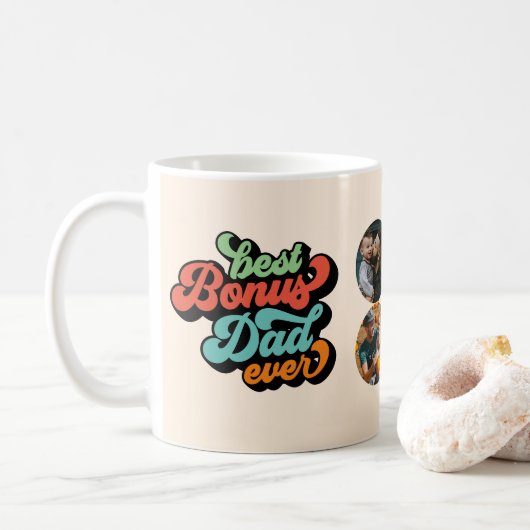 Best Bonus Dad Ever Retro Vaderdag Four Photo Koffiemok (Met donut)