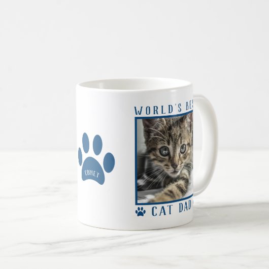 Best Cat Dad Blue Paw Print Name Pet Photo Koffiemok (Voorkant rechts)