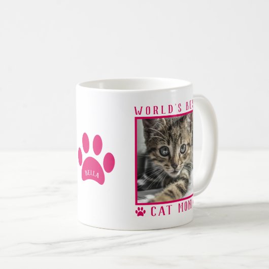 Best Cat Mam Foto Name Paw Print Hot Pink Koffiemok (Voorkant rechts)