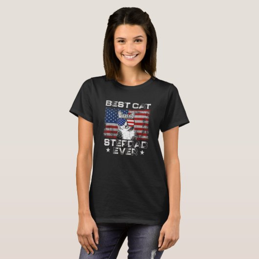 Best Cat Stepdad Ever American Flag Patriotic 4th  T-shirt (Voorkant volledig)