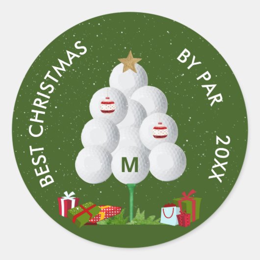 Best Christmas by Par Golf Ball Tree Initiaal Jaar Ronde Sticker (Voorkant)