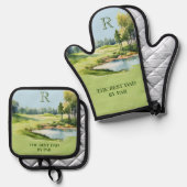 Best Dad by Par Waterverf Golfbaan Initiaal Ovenwant & Pannenlap Set (Voorkant / Achterkant)