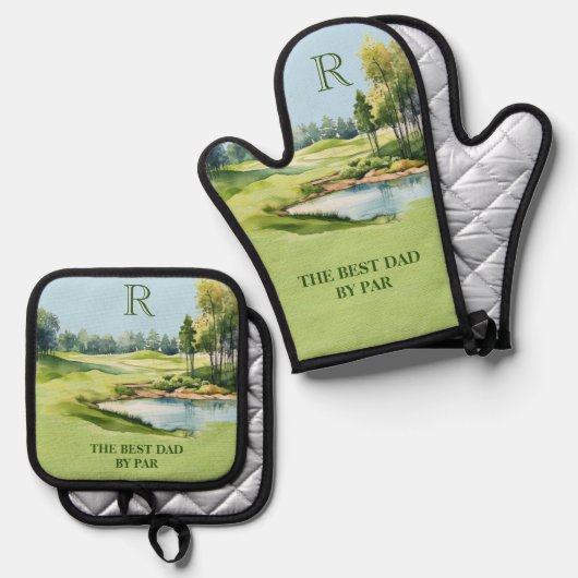 Best Dad by Par Waterverf Golfbaan Initiaal Ovenwant & Pannenlap Set (Voorkant / Achterkant)