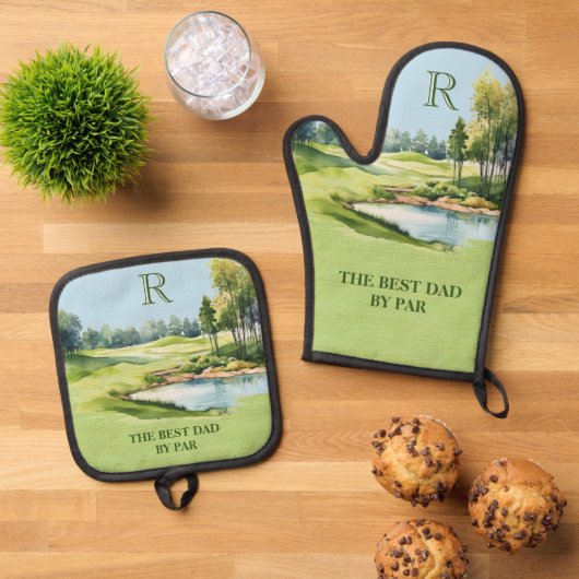 Best Dad by Par Waterverf Golfbaan Initiaal Ovenwant & Pannenlap Set (Top down)