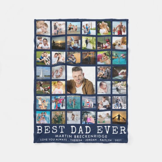 BEST DAD EVER 39 Foto Collage Personalized Navy Fleece Deken (Voorkant)
