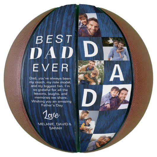 Best Dad Ever Photo Collage Woodgrain Personalize  Basketbal (Verticaal)