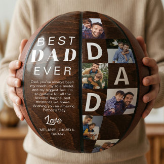 Best Dad Ever Photo Collage Woodgrain Personalize  Basketbal