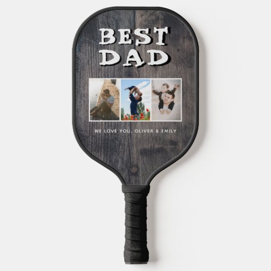 Best Dad Rustic Dark Wood 3 Photo Collage Pickleball Paddle (Voorkant)
