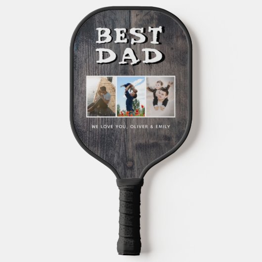 Best Dad Rustic Dark Wood 3 Photo Collage Pickleball Paddle (Achterkant)